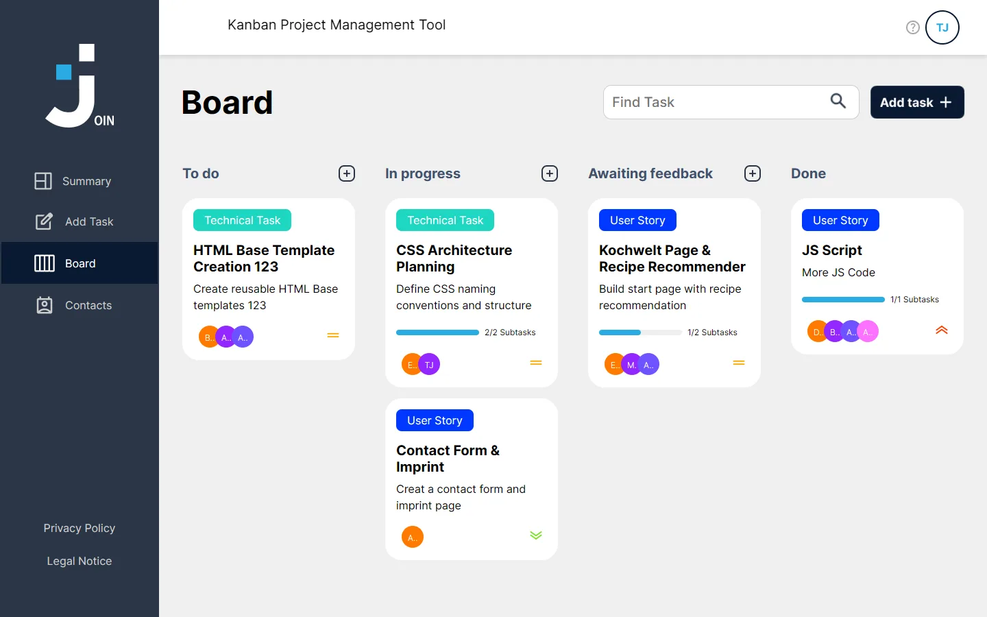 Join Kanban board: To-do, In Progress, Awaiting feedback and Done columns with task cards, category labels, subtask progress and assignees.