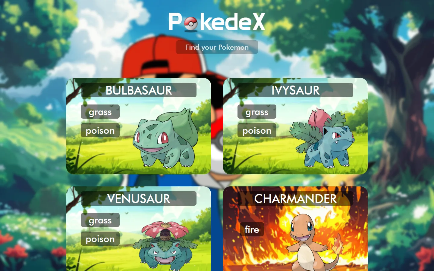 Pokedex interface: a card grid of Pokémon from the PokéAPI, each card showing the name, a type-coloured background and type badges, plus a search bar.